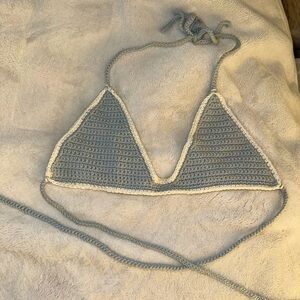 Handmade Crochet Bikini Top in light blue and White